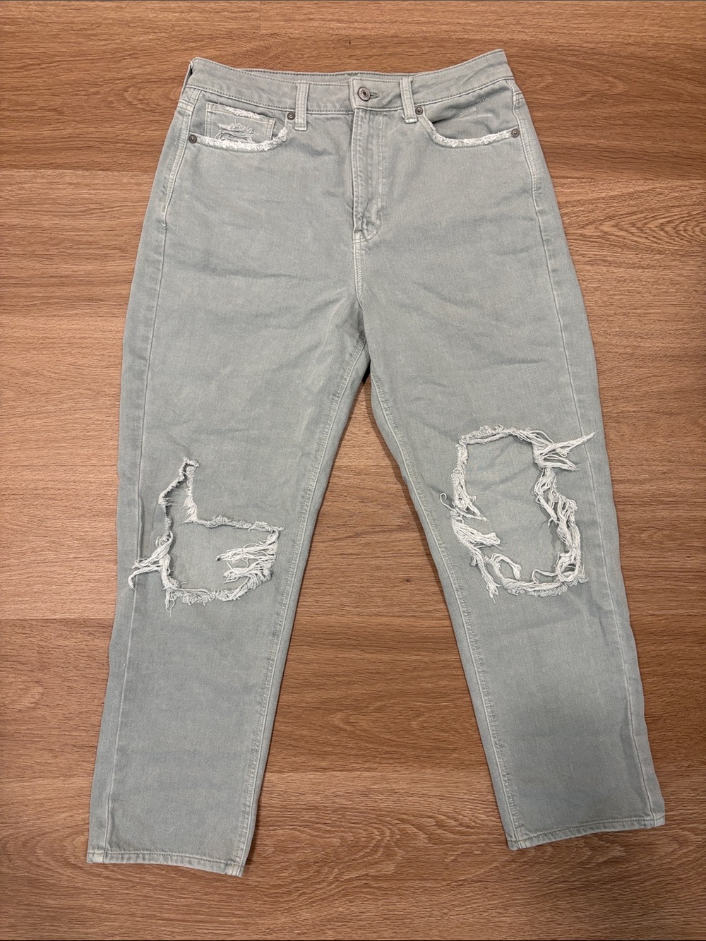 American Eagle Sage Green Straight Mom Distressed Jeans